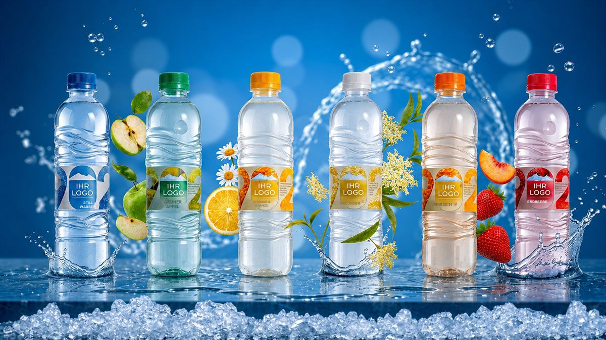 Sechs aqua 902 Flaschen nebeneinander auf einer nassen Eisfläche, jede mit Platzhalter für Ihr Logo — Still, Grüner Apfel, Limonade, Holunder, Pfirsich und Beere, umgeben von Früchten und Wasserspritzern